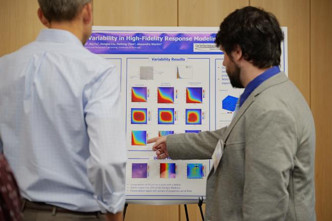 Two researchers discussing poster on high-fidelity response modeling with colorful data visualization charts and graphs